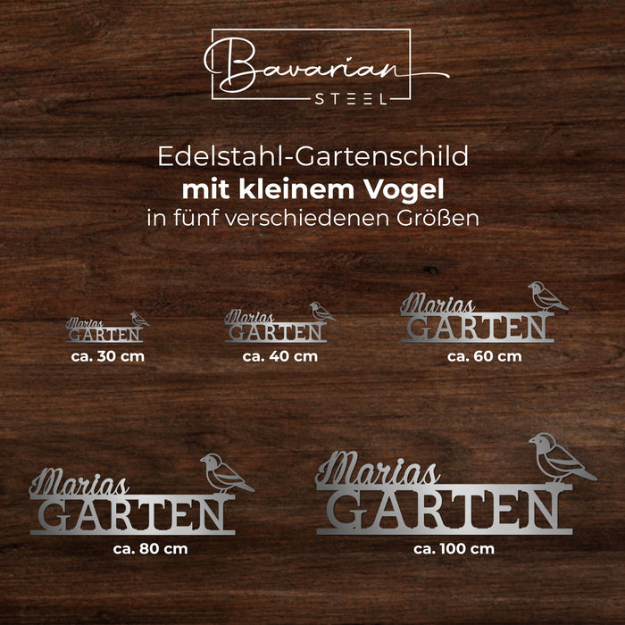 Personalisiertes Edelstahl-Gartenschild mit kleinem Vogel