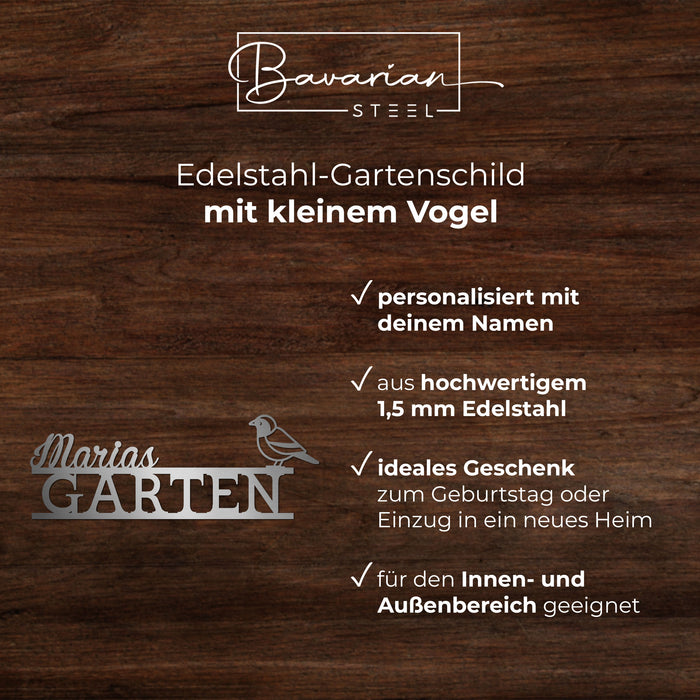 Personalisiertes Edelstahl-Gartenschild mit kleinem Vogel