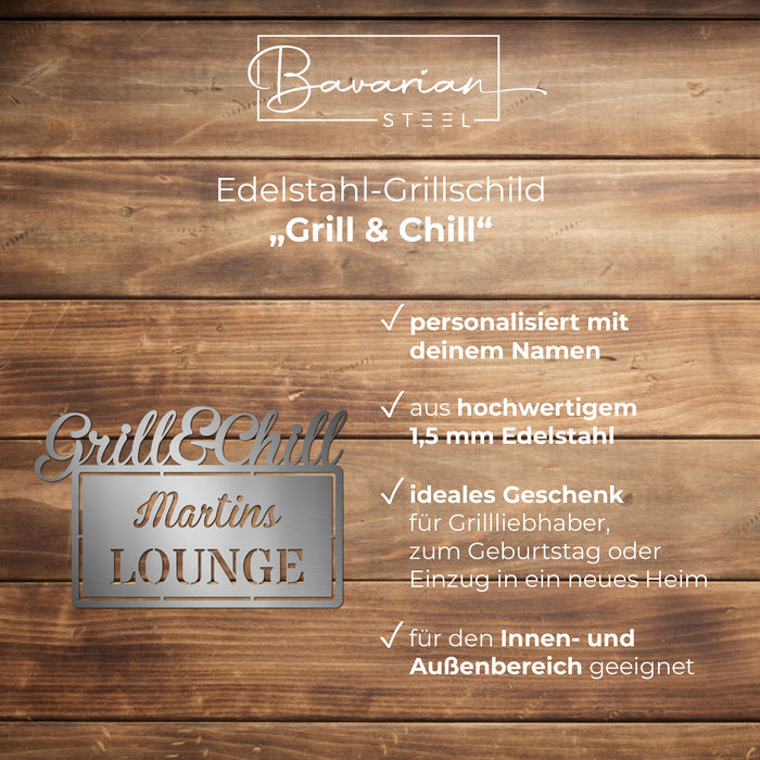 Personalisiertes Edelstahl-Grillschild "Grill & Chill"