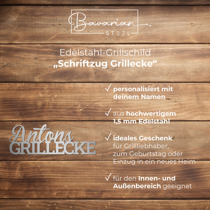 Personalisiertes Edelstahl-Grillschild "Schriftzug Grillecke"