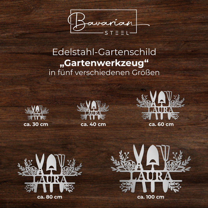 Personalisiertes Edelstahl-Gartenschild "Gartenwerkzeug"