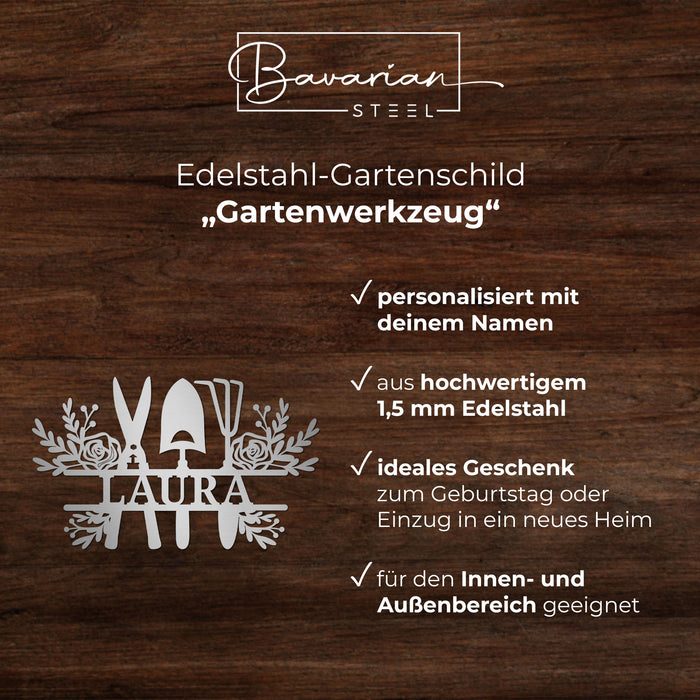 Personalisiertes Edelstahl-Gartenschild "Gartenwerkzeug"