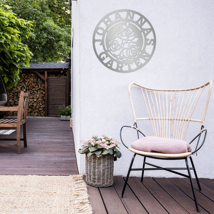 Personalisiertes Edelstahl-Gartenschild mit Rosen