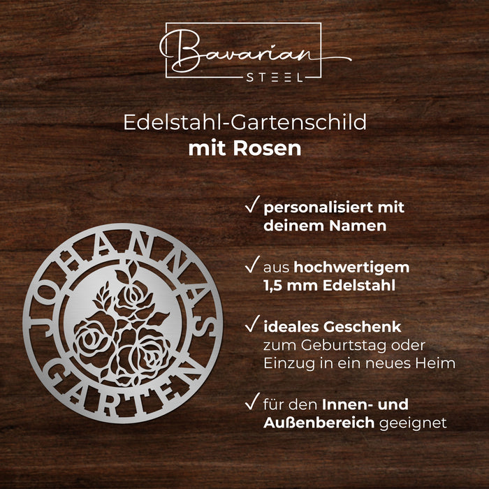 Personalisiertes Edelstahl-Gartenschild mit Rosen