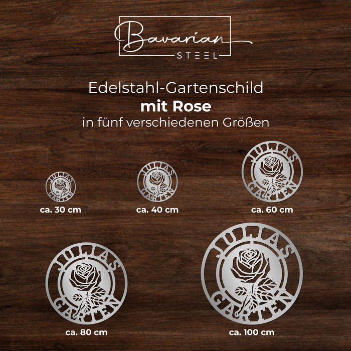 Personalisiertes Edelstahl-Gartenschild mit Rose