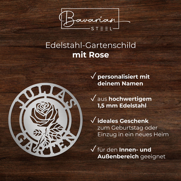 Personalisiertes Edelstahl-Gartenschild mit Rose