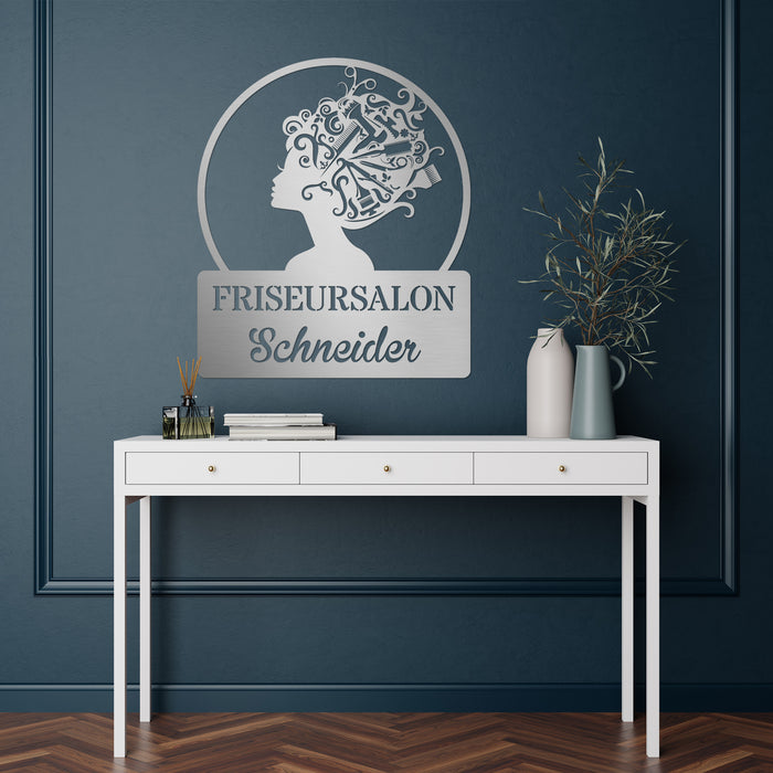 Personalisiertes Edelstahlschild "Friseursalon"