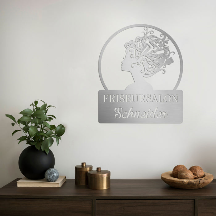 Personalisiertes Edelstahlschild "Friseursalon"