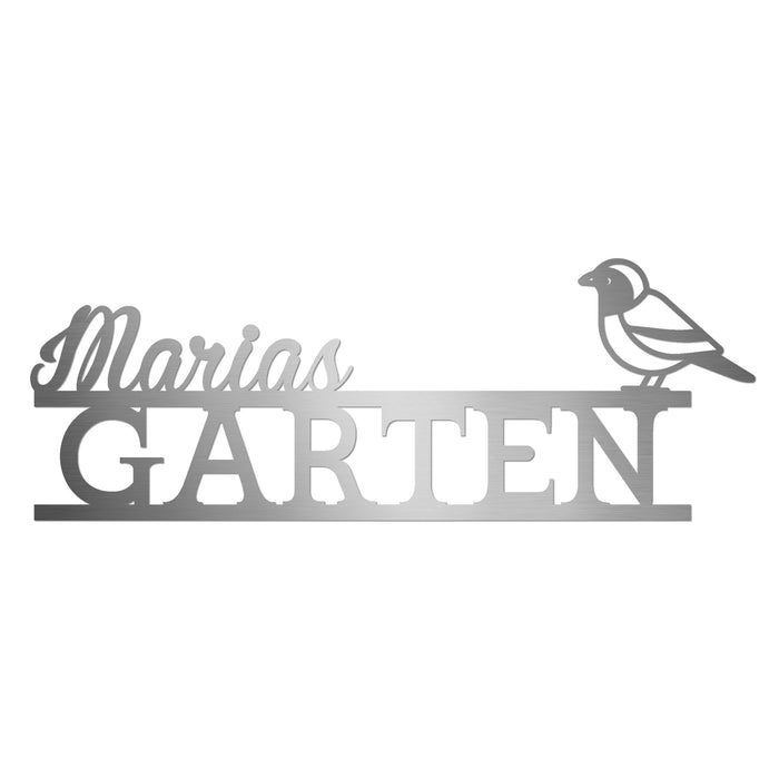 Personalisiertes Edelstahl-Gartenschild mit kleinem Vogel