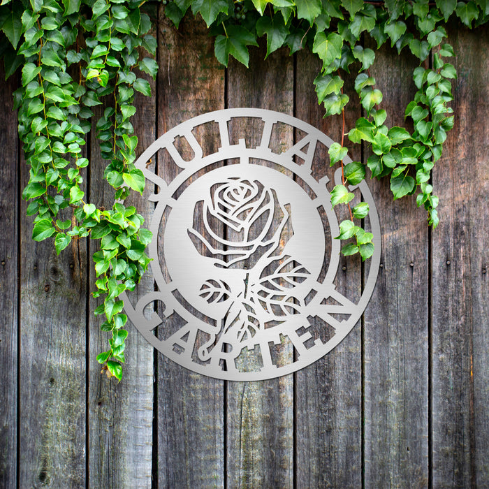 Personalisiertes Edelstahl-Gartenschild mit Rose