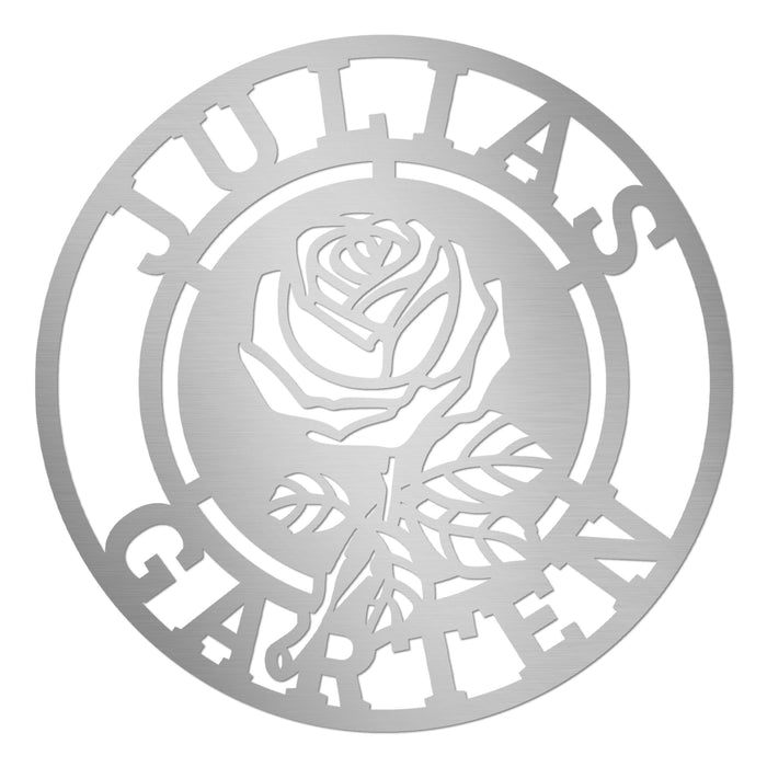 Personalisiertes Edelstahl-Gartenschild mit Rose