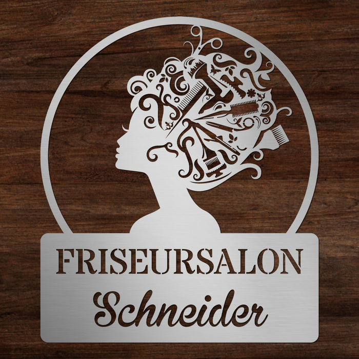 Personalisiertes Edelstahlschild "Friseursalon"