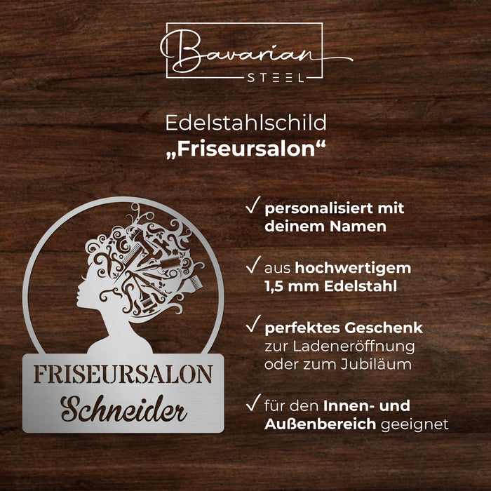 Personalisiertes Edelstahlschild "Friseursalon"